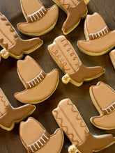Load image into Gallery viewer, Cowboy boot and cowboy hat sugar cookies - one dozen