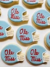 Load image into Gallery viewer, Ole Miss football helmet sugar cookies  - one dozen