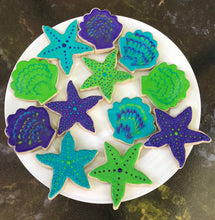 Load image into Gallery viewer, Beach (colorful starfish and shell) sugar cookies - one dozen
